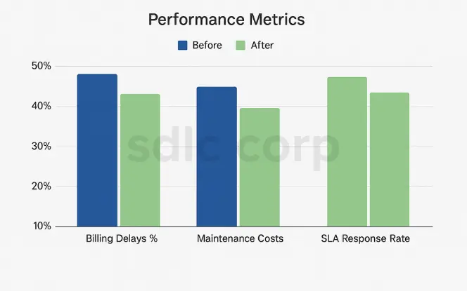 Bar chart comparing before-and-after performance metrics, showing improvements in billing delays, maintenance costs, and SLA response rate after implementing Odoo ERP.
