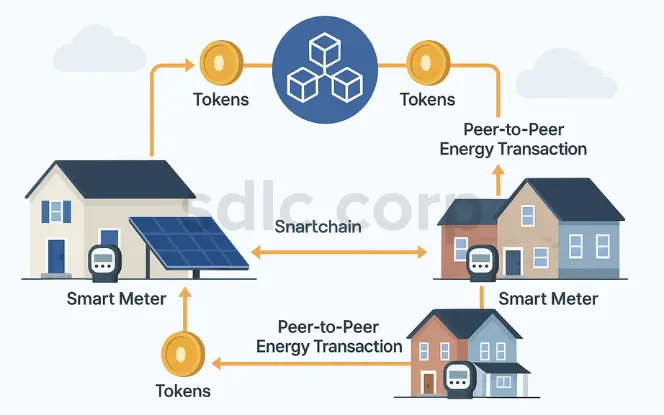Diagram illustrating a blockchain-based peer-to-peer energy exchange system where smart meters facilitate tokenized transactions between households via a smartchain network.