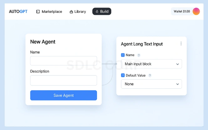 What Is AutoGPT? – Agent Creation Interface Overview AutoGPT interface showing agent creation screen with name, description fields, and long text input module in a light-themed layout