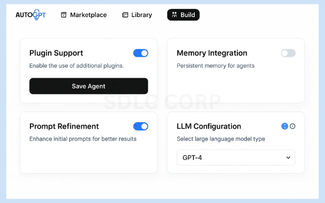 Core AutoGPT Features – Key Capabilities in Agent Configuration AutoGPT dashboard displaying feature cards for Plugin Support, Memory Integration, Prompt Refinement, and LLM Configuration with toggles and info icons