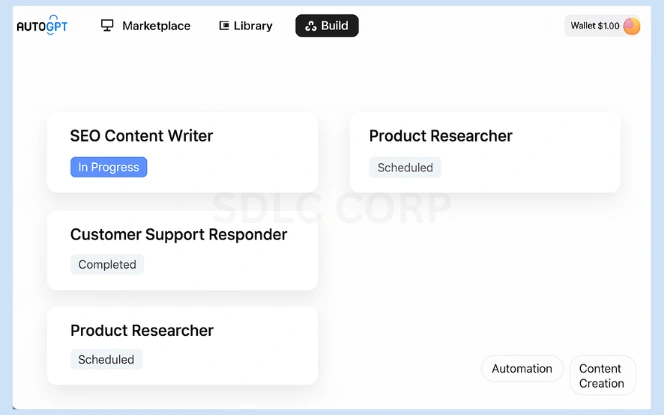 Real-World AutoGPT Use Cases – Practical Applications of AI Agents AutoGPT Build tab displaying agent blocks for SEO Content Writer, Customer Support Responder, and Product Researcher with status labels and filter chips
