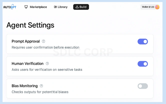 Ethics and Responsible Use – AutoGPT Agent Settings for Responsible AI AutoGPT Agent Settings screen showing toggle options for Prompt Approval, Human Verification, and Bias Monitoring with tooltips and clean UI layout
