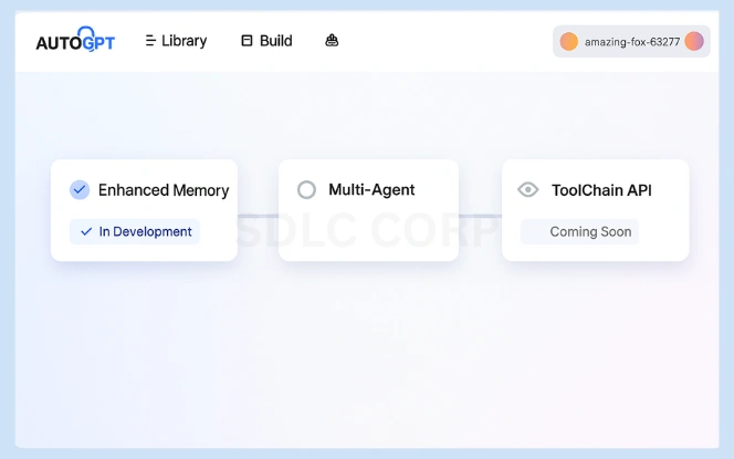 Future Outlook – Roadmap of AutoGPT Advancements and Features AutoGPT dashboard displaying a horizontal roadmap with milestones like Enhanced Memory, Multi-Agent, and ToolChain API, each labeled with development status
