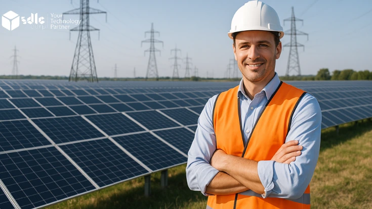 Smiling engineer in a white hard hat and orange safety vest standing confidently in front of a large field of solar panels with high-voltage power lines in the background, symbolizing clean energy and utility management.