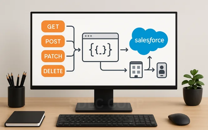 A widescreen monitor on a wooden desk displays REST API methods (GET, POST, PATCH, DELETE) flowing into a JSON panel connected to the Salesforce cloud, with visual icons for CRM, contact, and mobile app integrations.