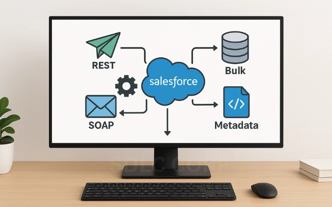 A diagram on a computer monitor shows the Salesforce cloud at the center, with arrows pointing to four labeled icons: REST, SOAP, Bulk, and Metadata, each symbolizing a different API type.