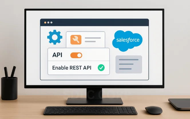 A monitor displays a clean Salesforce UI with API settings, gear icon, and a toggle switch labeled “Enable REST API” in blue, surrounded by minimal desk elements.