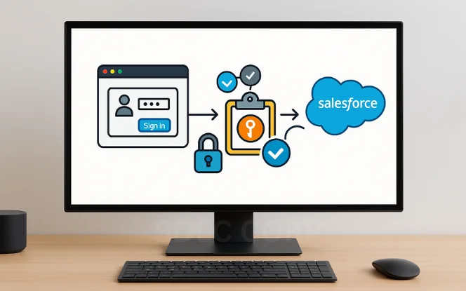 A computer monitor shows an OAuth-style authentication flow, with a sign-in screen, token clipboard, lock icon, and arrows pointing to the Salesforce cloud.