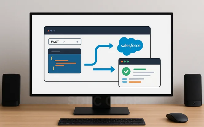 The screen shows a code editor sending a JSON request to Salesforce, with a "Send" button and arrows returning a formatted response panel, emulating an API testing tool.