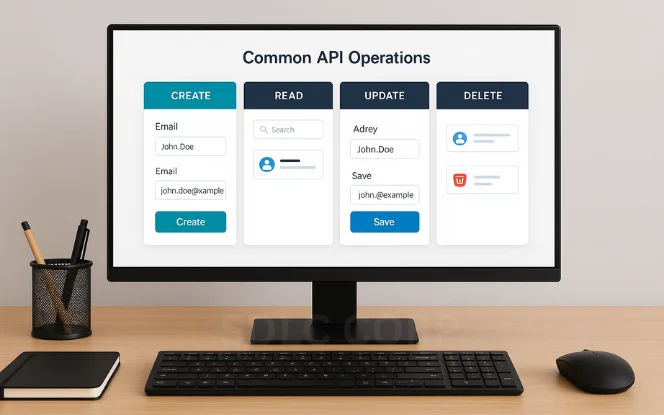A tabbed interface on a widescreen monitor displays four sections labeled Create, Read, Update, and Delete, each with working UI components like forms, buttons, and checkboxes for realistic CRUD operations.