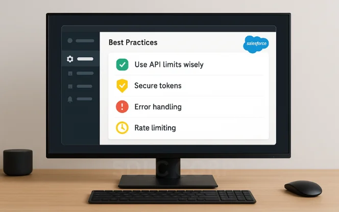 A modern Salesforce-style settings screen shows a checklist of best practices: API limits, secure tokens, error handling, and rate limiting, each with colored icons and checkmarks.