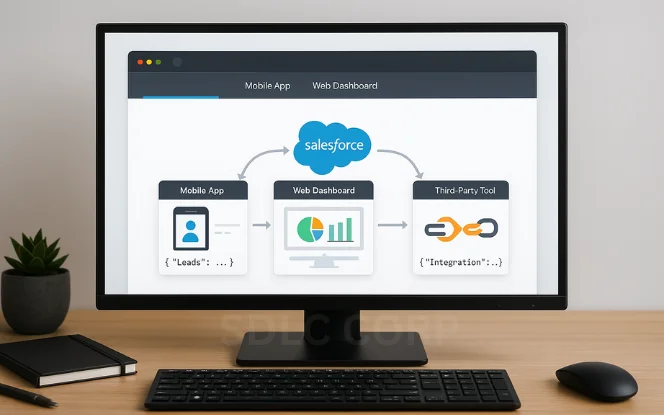 A realistic UI panel shows three sections—Mobile App, Web Dashboard, and Third-Party Tool—each with integration visuals connected to the Salesforce cloud above using arrows.