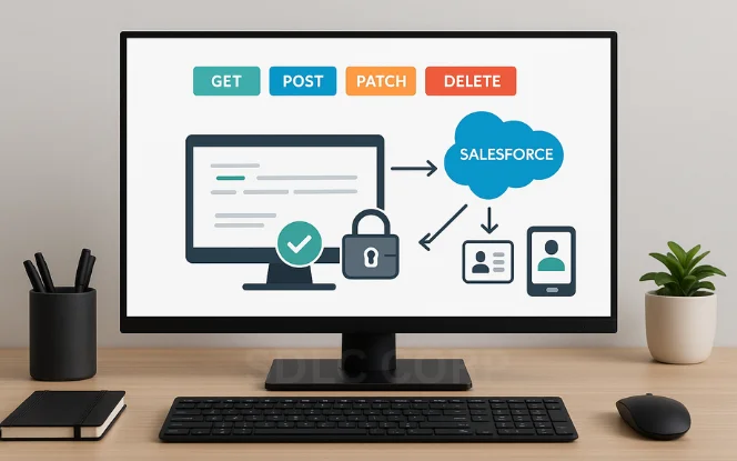 A monitor shows a Salesforce integration summary with colorful REST method buttons (GET, POST, PATCH, DELETE), a cloud logo, checkmark, data icons, and security visuals arranged in a completed system flow.