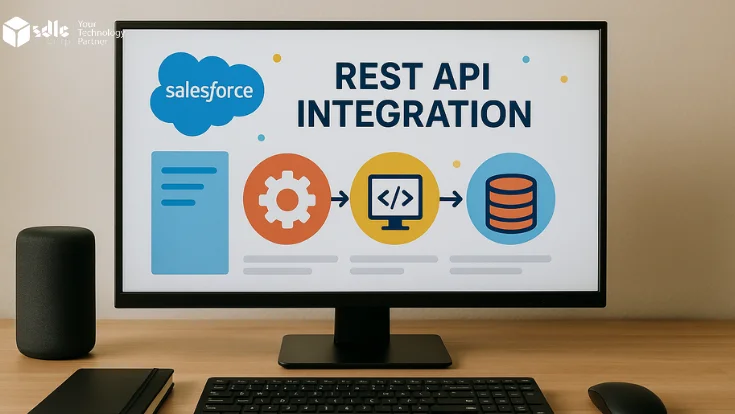 A widescreen monitor on a modern desk displays a visual summary of Salesforce REST API integration, with colorful arrows connecting HTTP methods to the Salesforce cloud, contact data, and mobile app icons, illustrating seamless API connectivity in a clean, professional workspace.