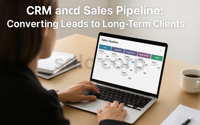 Odoo CRM pipeline board displaying sales opportunities across stages: New, Qualified, Proposition, In Negotiation. Cards show client names, deal amounts, and expected close dates, with a forecast chart on the right.  .