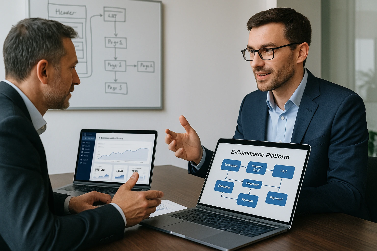 Client and B2B ecommerce consultant discussing platform architecture with ecommerce dashboards on laptops and workflow diagrams on whiteboards in a modern office setting
