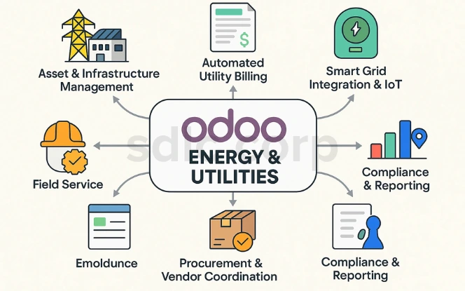 Diagram showing Odoo’s key features for Energy & Utilities: Asset & Infrastructure Management, Automated Utility Billing, Smart Grid Integration & IoT, Compliance & Reporting, Procurement & Vendor Coordination, Emolduence, Field Service, and centralized ERP benefits.