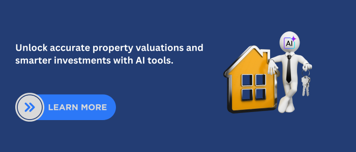 Banner with AI figure holding house keys beside a home icon, promoting accurate property valuations and smart investments with AI tools.