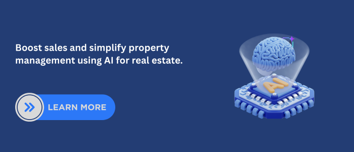 Banner showing AI chip with brain hologram promoting property management and sales boost using AI for real estate, with Learn More button.