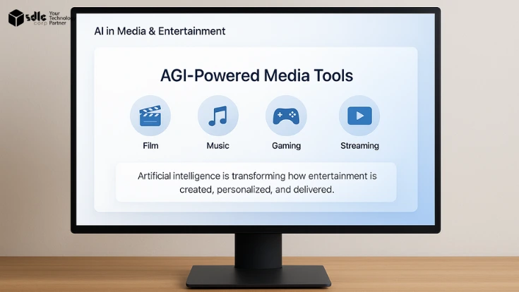 Desktop screen showing a clean dashboard titled “AI in Media & Entertainment” with icons for film, music, gaming, and streaming, highlighting how artificial intelligence is transforming the entertainment industry.