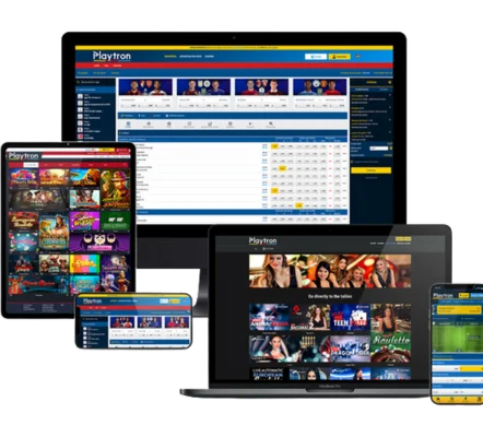 Multi-device sportsbook software interface showcasing betting, casino games, and live odds by Playtron
