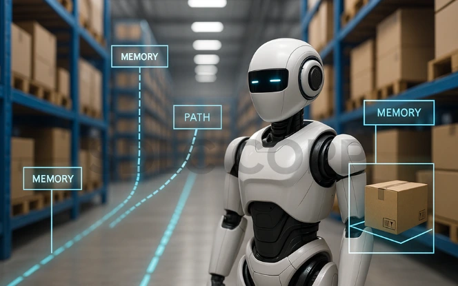 AI-powered robot navigating a modern warehouse with memory overlays showing object detection paths and decision zones.