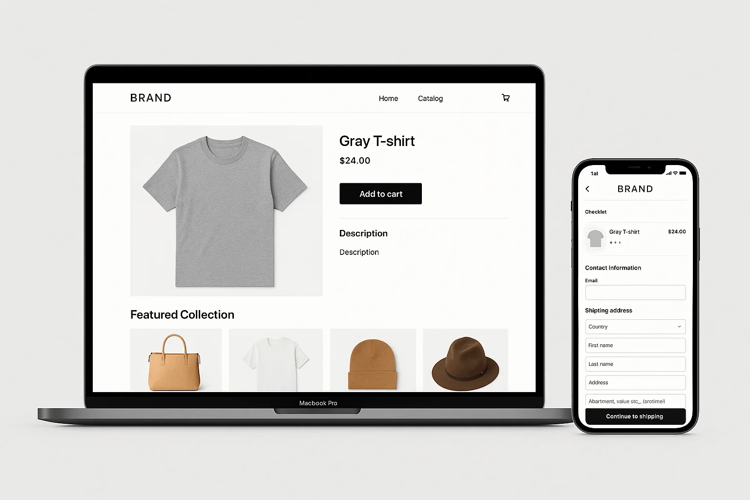 Shopify ecommerce store mockup with custom product pages and checkout on light gray background.