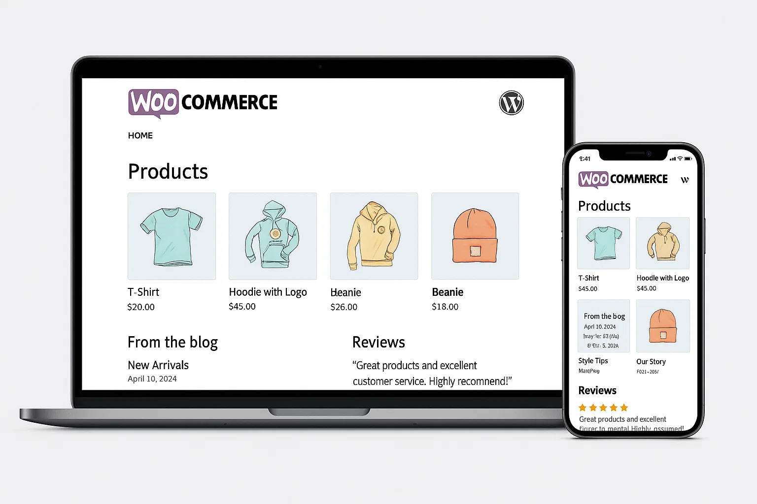 WooCommerce ecommerce website with product list and blog integration shown on laptop and phone.