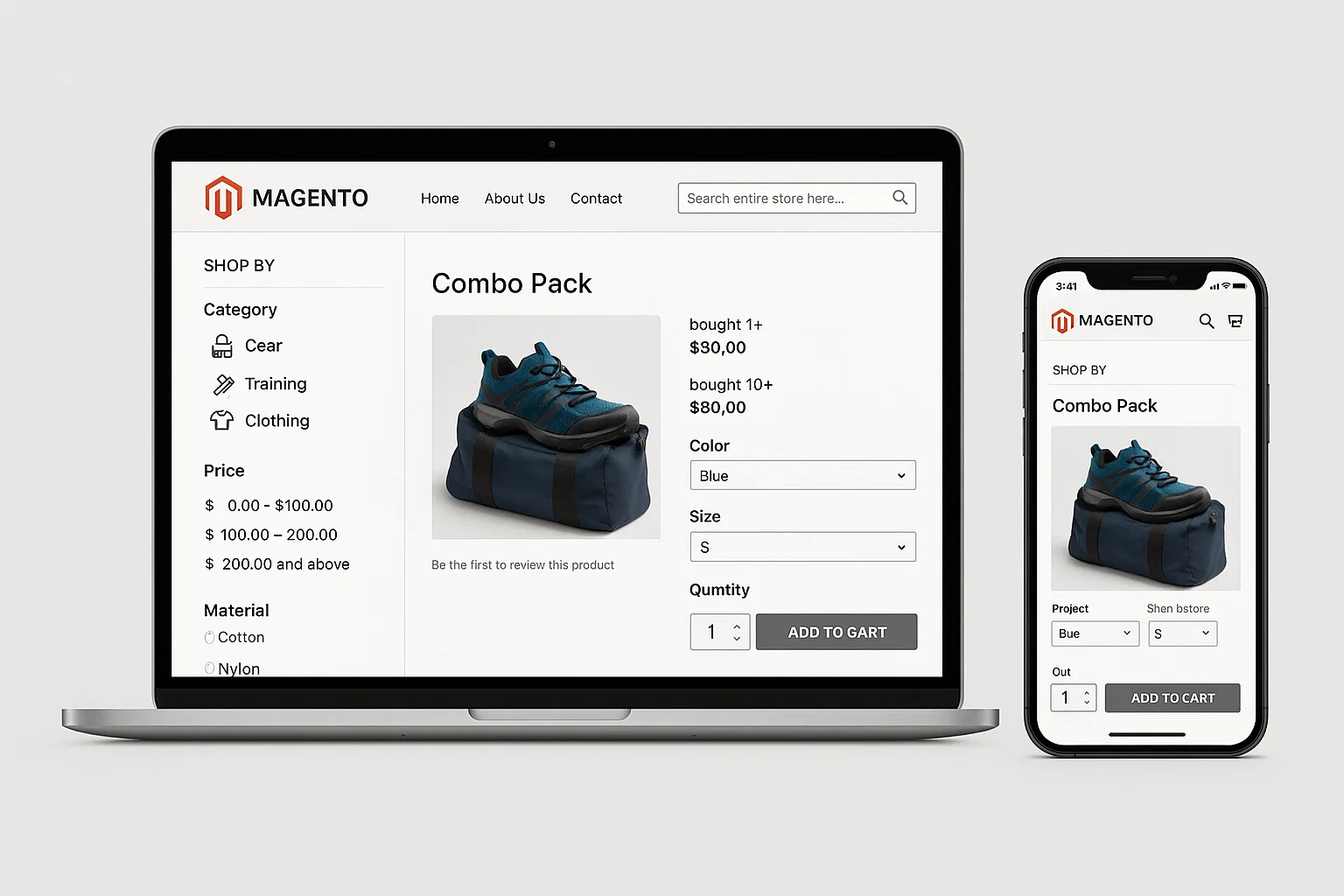 Magento B2B ecommerce store mockup with pricing and configuration features