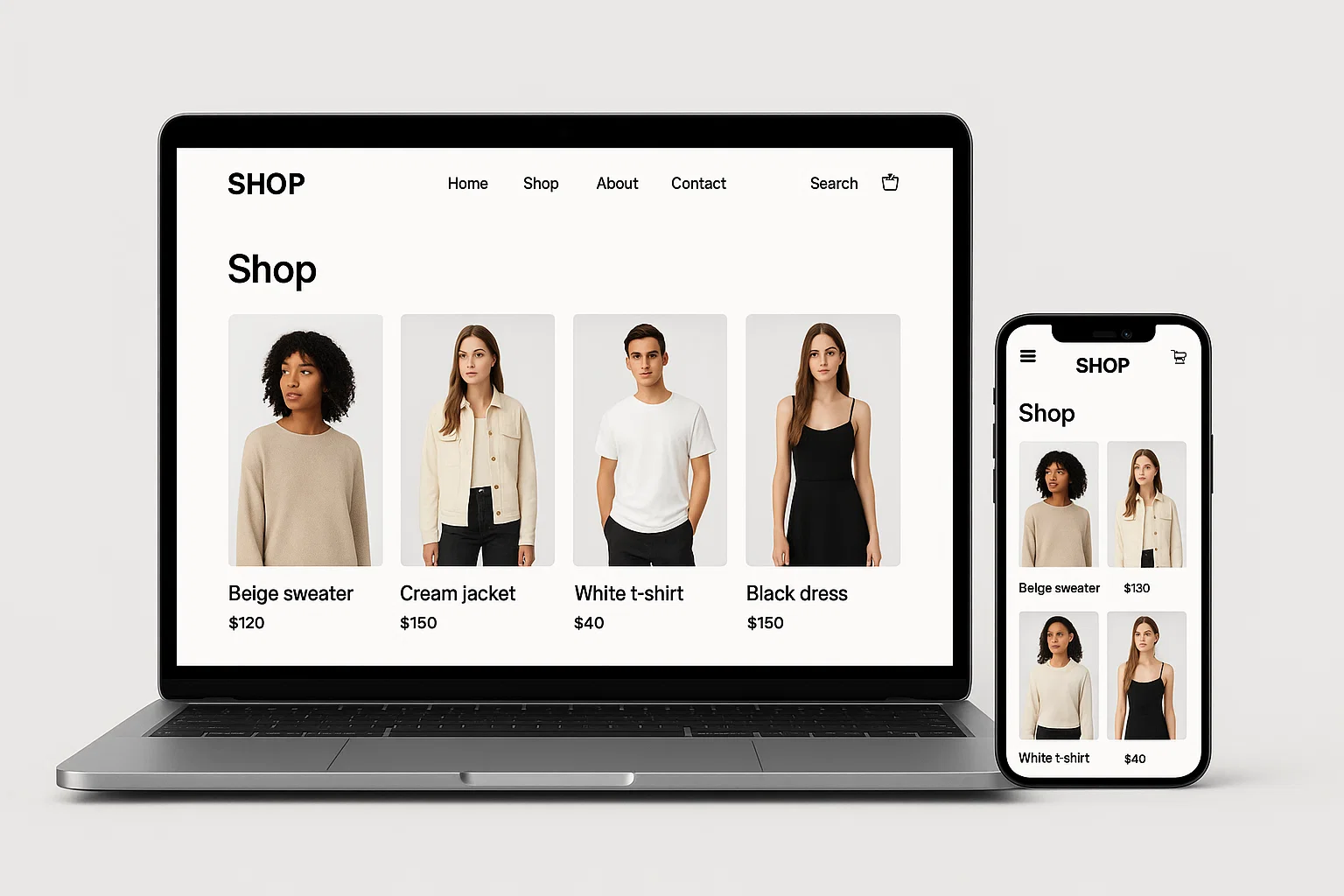 Laptop and mobile mockup of a responsive ecommerce fashion website on light gray background.