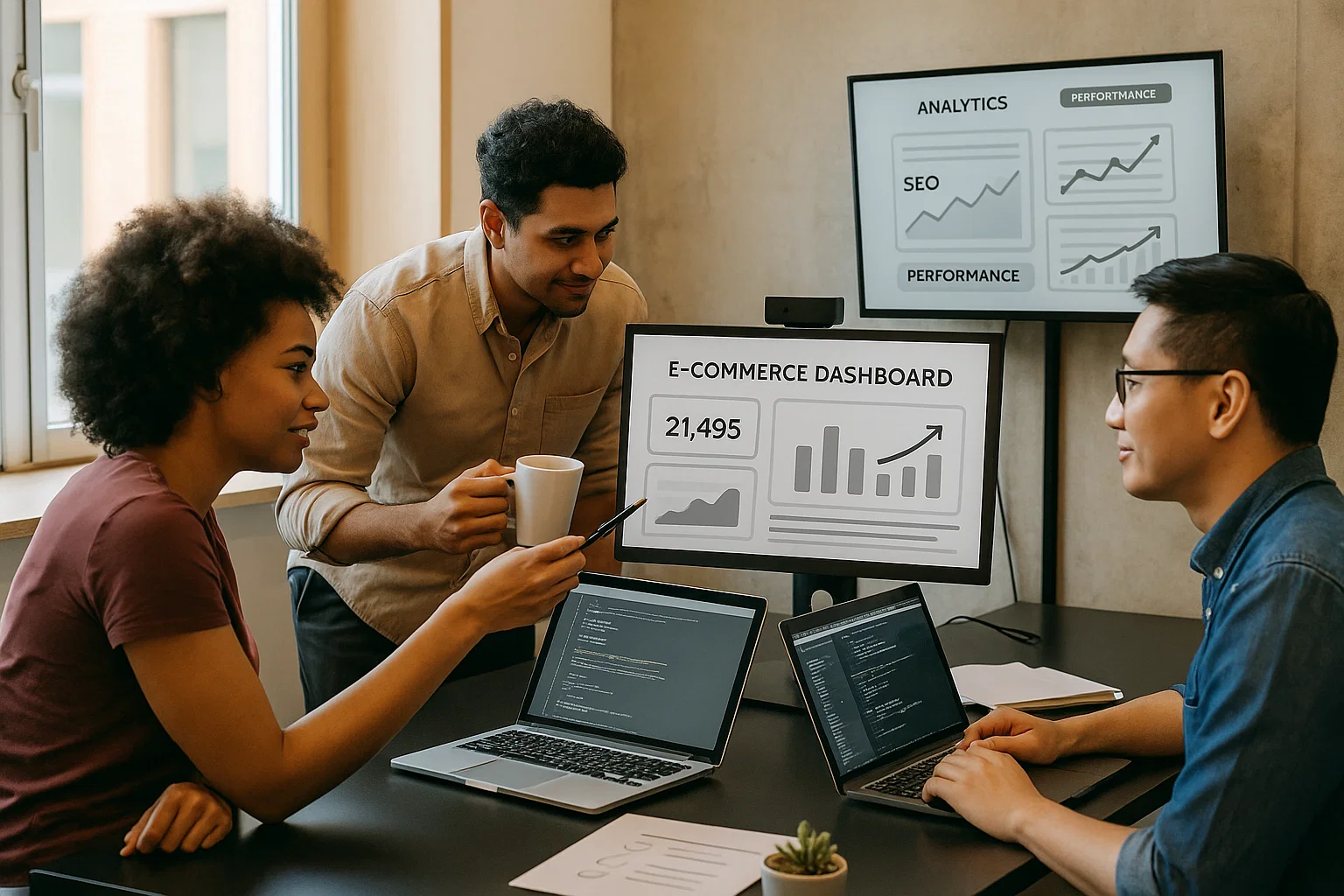 Client and B2B ecommerce consultant discussing platform architecture with ecommerce dashboards on laptops and workflow diagrams on whiteboards in a modern office setting