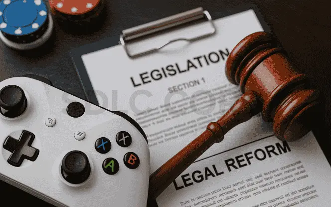 “White gaming controller and poker chips arranged around a gavel and legal reform documents, linking gaming and regulation.