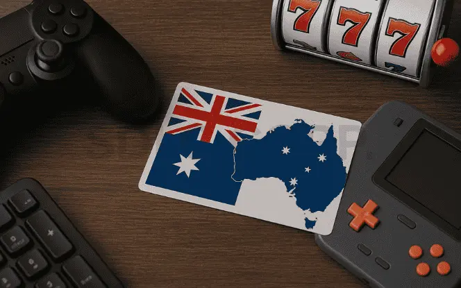 “A wooden judge’s gavel, Australian flag card, and legal books symbolizing Australia’s gambling regulatory structure.