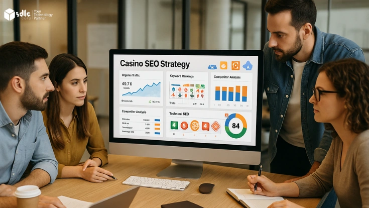 Team of digital marketers collaborating in a modern office with a large monitor displaying a Casino SEO strategy dashboard using SEMrush and Google Analytics for online gambling websites.