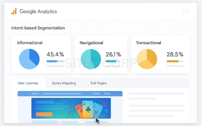 Google Analytics dashboard showing user segmentation into informational, navigational, and transactional intent for a casino website