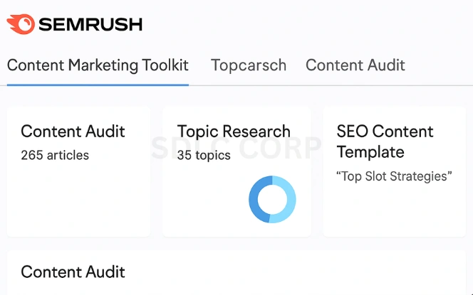 SEMrush dashboard showing content audit, topic research, and SEO templates for casino-related articles like slot strategies and bonus guides