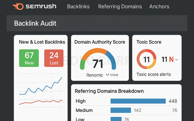 SEMrush Backlink Audit dashboard showing referring domains, toxic score alerts, and backlink trends for a casino website