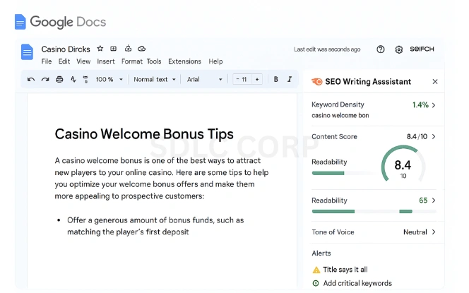 Google Docs with SEMrush SEO Writing Assistant showing keyword density, readability score, and content optimization tips for a casino blog article