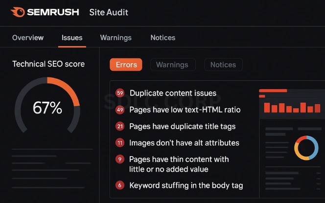 SEMrush Site Audit summary displaying red warning flags for duplicate content, missing alt tags, thin content, and keyword overuse on a casino website