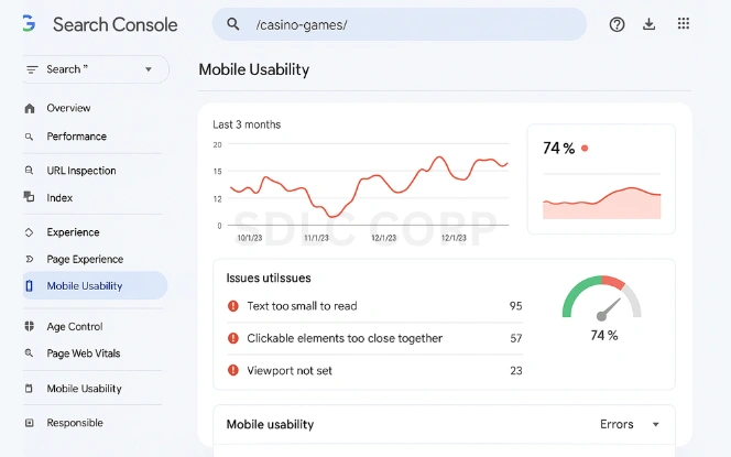 Google Search Console Mobile Usability report showing mobile-specific SEO issues like small font size, tap targets too close, and viewport configuration for a casino website