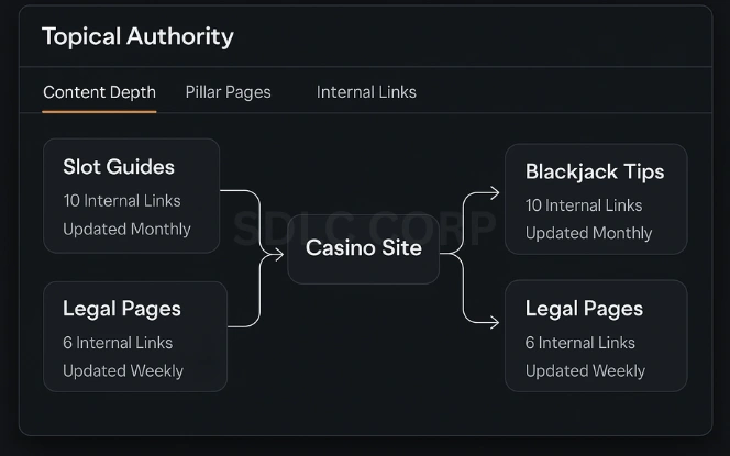 Topical authority dashboard visualizing internal link structure between casino content clusters such as slot guides, blackjack tips, and legal pages, with arrows indicating link strength and update frequency