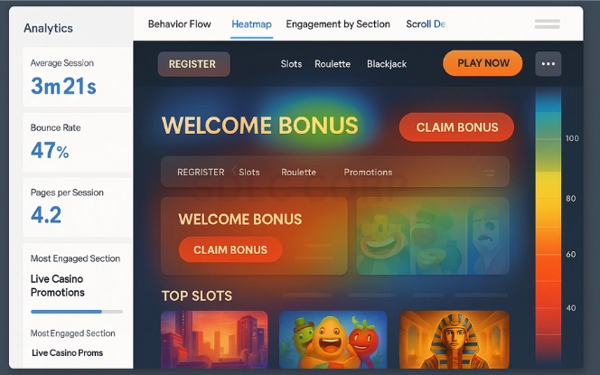 Heatmap and scroll tracking overlay on a casino landing page showing user engagement around call-to-action buttons, combined with Google Analytics sidebar displaying bounce rate and session duration