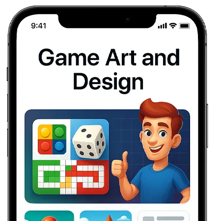 Cartoon-style game designer giving a thumbs-up next to a vibrant Ludo board and dice, highlighting creative game art and user interface design.