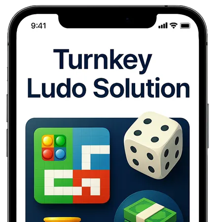 Ludo game interface featuring a dollar stack, colorful board, and dice, promoting a complete turnkey solution for launching a Ludo game.
