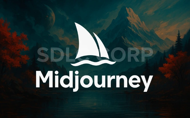 Midjourney logo over a surreal landscape created using text-to-image generation tools.