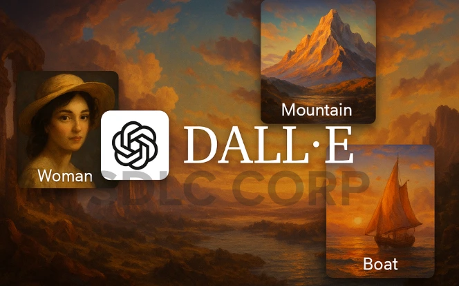 DALL·E logo featured with creative AI-generated artwork, illustrating the capabilities of text-to-image generation tools. 
