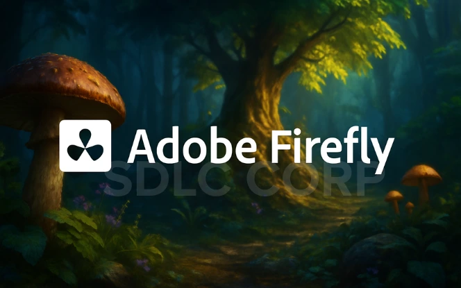 Adobe Firefly logo embedded in dynamic visual art made using text-to-image generation tools within creative software.
