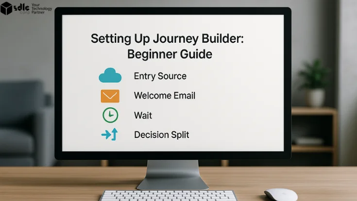 A widescreen iMac on a wooden desk in a professional office, showing “Why Journey Builder Matters” with four large colorful icons: a globe with nodes for “Cross‑Channel Reach,” a user with a heart for “Personalized Engagement,” a clock for “Timely Automation,” and a bar chart for “ROI Growth.”