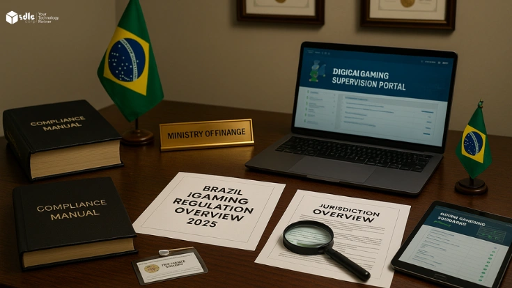 Professional office desk at Brazil’s Ministry of Finance with printed documents on iGaming regulation, compliance manuals, a laptop showing the Digital Gaming Supervision Portal, and Brazilian flags in the background.