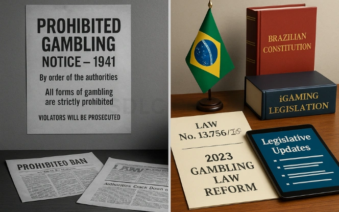 The Evolution of Gambling Laws in Brazil Split view showing Brazil's gambling law evolution from 1941 prohibition to modern legal reforms with official documents and flag